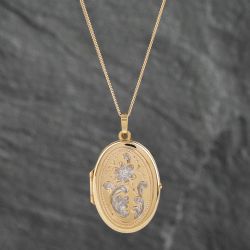 Second Hand 9ct Two Colour Gold Oval Flower Design Locket Pendant & 18 Inch Curb Chain 41142405