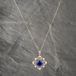 Second Hand 9ct Yellow Gold Lapis Lazuli & 0.12ct Diamond & Cultured Pearl Decorative Victorian Style Pendant & 18 Inch Curb Chain 41142472