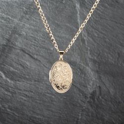Second Hand 9ct Yellow Gold Foliate Engraved Oval Locket Pendant & 24 Inch Curb Chain 41142475