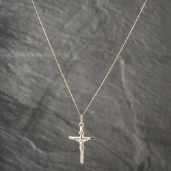 Second Hand 9ct Two Colour Gold Crucifix Cross Pendant & 18 Inch Curb Chain 41142480