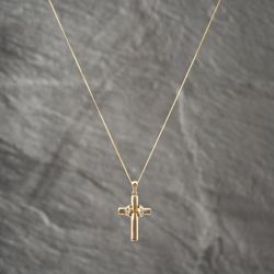 Second Hand 9ct Yellow Gold Diamond Set Cross Pendant & 18 Inch Curb Chain 41142482