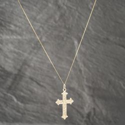 Second Hand 9ct Yellow Gold Foliate Engraved Cross Pendant & 18 Inch Curb Chain 41142487