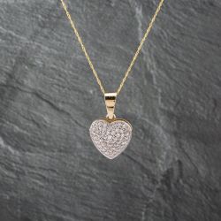 Second Hand 9ct Yellow Gold Cubic Zirconia Heart Shaped Pendant & 18 Inch Curb Chain 41142491