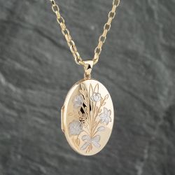 Second Hand 9ct Two Colour Gold Oval Foliate Engraved Locket Pendant & 22 Inch Belcher Chain 41142518
