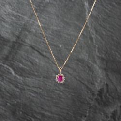 Second Hand 9ct Yellow Gold Ruby & 0.21ct Diamond Oval Cluster Pendant & 18 Inch Box Chain 41142527