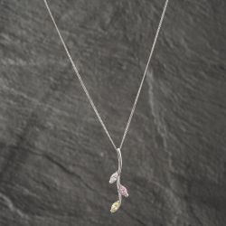 Second Hand 9ct White Gold White, Pink And Green Cubic Zirconia Branch And Leaf Pendant & 18 Inch Curb Chain 41142528