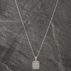 Second Hand 9ct White Gold 0.04ct Diamond Openwork Oblong Cushion Shaped Pendant & 18 Inch Curb Chain 41142531