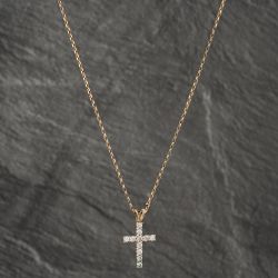 Second Hand 9ct Yellow Gold Cubic Zirconia Cross Pendant & 22 Inch Belcher Chain 41142534
