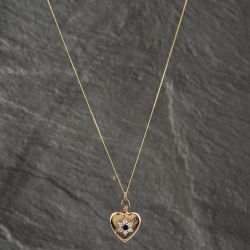 Second Hand 9ct Yellow Gold Sapphire & Cubic Zirconia Heart With Flower Cluster Locket Pendant & 18 Inch Curb Chain 41142544