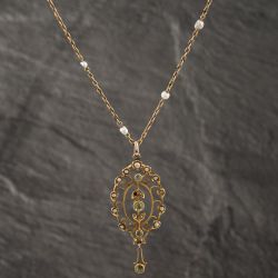 Second Hand Antique Yellow Gold Peridot & Seed Pearl Fancy Gemstone Pendant & 18 Inch Trace Chain 41142565