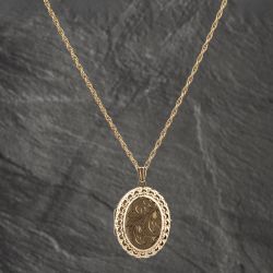 Second Hand 9ct Yellow Gold Oval Hand Engraved Locket Pendant & 24 Inch Curb Chain 41142571
