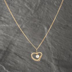 Second Hand 9ct Yellow Gold Pearl Open Heart Pendant & 18 Inch Curb Chain 41142574