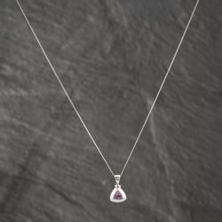 Second Hand 9ct White Gold Pink Topaz Triangle Pendant & 18 Inch Curb Chain 41142586