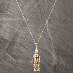 Second Hand 9ct Yellow Gold Multi Stone Articulating Clown Pendant & 18 Inch Curb Chain 41142602