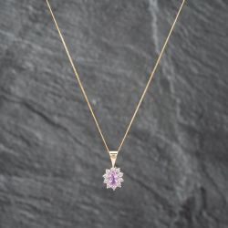 Second Hand 18ct Yellow Gold Pink Sapphire & 0.30ct Brilliant Cut Diamond Oval Pendant & 18 Inch Curb Chain 41142619