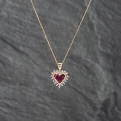 Second Hand 9ct Two Colour Gold Synthetic Ruby & 0.01ct Diamond Heart Pendant & 18 Inch Curb Chain 41142621