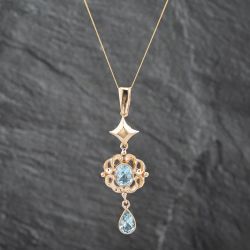 Second Hand 9ct Yellow Gold Blue Topaz Dropper Pendant & 18 Inch Curb Chain 41142624