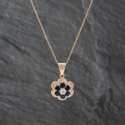 Second Hand 9ct Yellow Gold Sapphire & Cubic Zirconia Flower Cluster Pendant & 18 Inch Prince Of Wales Chain 41142626