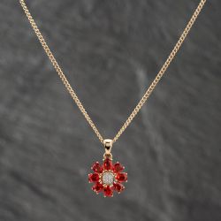Second Hand 9ct Yellow Gold Red Topaz & Diamond Flower Cluster Gemstone Pendant & 16 Inch Curb Chain 41142638