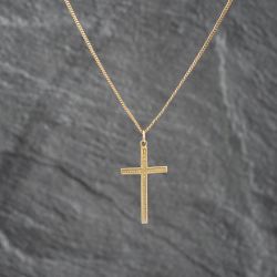 Second Hand 9ct Yellow Gold Textured Cross Pendant & 16 Inch Curb Chain 41142655