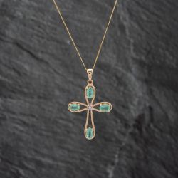 Second Hand 9ct Yellow Gold Emerald & White Topaz Cross Pendant & 18 Inch Curb Chain 41142667