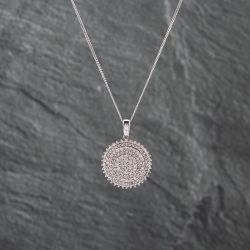 Second Hand 9ct White Gold Diamond Three Tier Pave Circle Pendant & 18 Inch Curb Chain 41142689