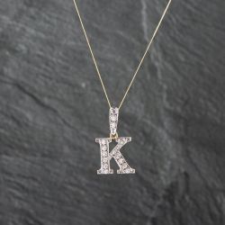 Second Hand 9ct Yellow Gold Cubic Zirconia K Shape Pendant & 18 Inch Curb Chain 41142692