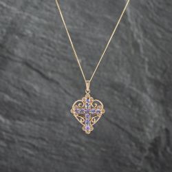 Second Hand 9ct Yellow Gold Tanzanite Ornate Heart Shaped Cross Pendant & 18 Inch Curb Chain 41142693