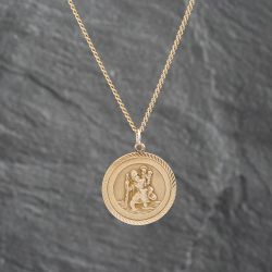 Second Hand 9ct Yellow Gold Round St Christopher Pendant & 18 Inch Curb Chain 41142705