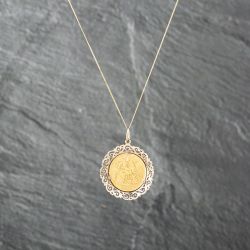 Second Hand 9ct Yellow Gold 1914 George V Half Sovereign Coin Keeper Pendant & 18 Inch Curb Chain 41142716