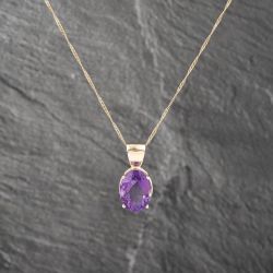 Second Hand 14ct Yellow Gold Amethyst Oval Pendant & 22 Inch Curb Chain 41142730