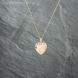 Second Hand 9ct Yellow Gold Heart Hand Engraved Locket Pendant & 18 Inch Curb Chain 41142747