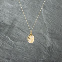 Second Hand 9ct Two Colour Gold Oval Flower Design Locket Pendant & 18 Inch Curb Chain 41142751