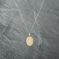 Second Hand 9ct Two Colour Gold Oval Patterned Locket Pendant & 18 Inch Curb Chain 41142754