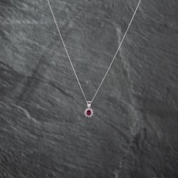 Second Hand 9ct White Gold Ruby & Diamond Oval Cluster Pendant & 18 Inch Curb Chain 41142765