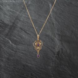 Second Hand 9ct Yellow Gold Amethyst & Seed Pearl Scrolling Openwork Design Pendant & 18 Inch Curb Chain 41142769