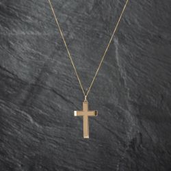 Second Hand 9ct Yellow Gold Plain Lined Edge Cross Pendant & 18 Inch Curb Chain 41142772