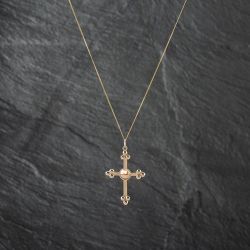 Second Hand 9ct Two Colour Gold Bubble Edged Cross Pendant & 18 Inch Curb Chain 41142780