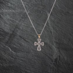 Second Hand 9ct Two Colour Gold 0.20ct Diamond Cross Pendant & 18 Inch Trace Chain 41142811