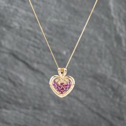 Second Hand 9ct Yellow Gold Ruby Heart Pendant & 18 Inch Curb Chain 41142822