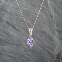 Second Hand 9ct Yellow Gold Tanzanite & Diamond Marquise Shaped Cluster Pendant & 18 Inch Curb Chain 41142823