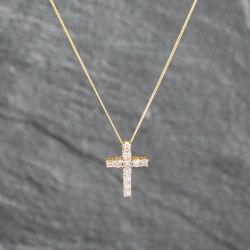 Second Hand 9ct Yellow Gold 0.30ct Brilliant Cut Diamond Cross Pendant & 18 Inch Curb Chain 41142827