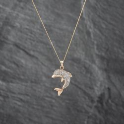 Second Hand 9ct Yellow Gold 0.25ct Diamond Dolphin Pendant & 18 Inch Curb Chain 41142829