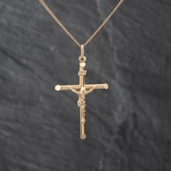 Second Hand 9ct Yellow Gold Large Crucifix Cross Pendant & 22 Inch Curb Chain 41142833
