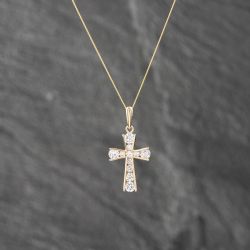 Second Hand Yellow Gold Cubic Zirconia Channel Set Cross Pendant & 18 Inch Curb Chain 41142837