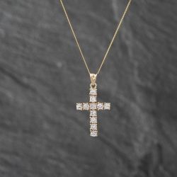 Second Hand 9ct Yellow Gold Cubic Zirconia Cross Pendant & 18 Inch Curb Chain 41142838