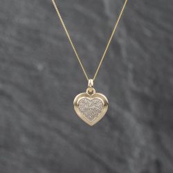 Second Hand 9ct Yellow Gold Diamond Pavé Heart Pendant & 18 Inch Curb Chain 41142849