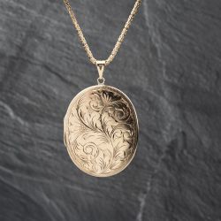 Second Hand 9ct Yellow Gold Large Hand Engraved Locket Pendant & 24 Inch Byzantine Chain 41142859