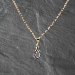 Second Hand 9ct Yellow Gold Sapphire Openwork Oval Dropper Pendant & 16 Inch Belcher Chain 41142862