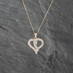 Second Hand 9ct Yellow Gold 0.25ct Diamond Heart Pendant & 18 Inch Curb Chain 41142869